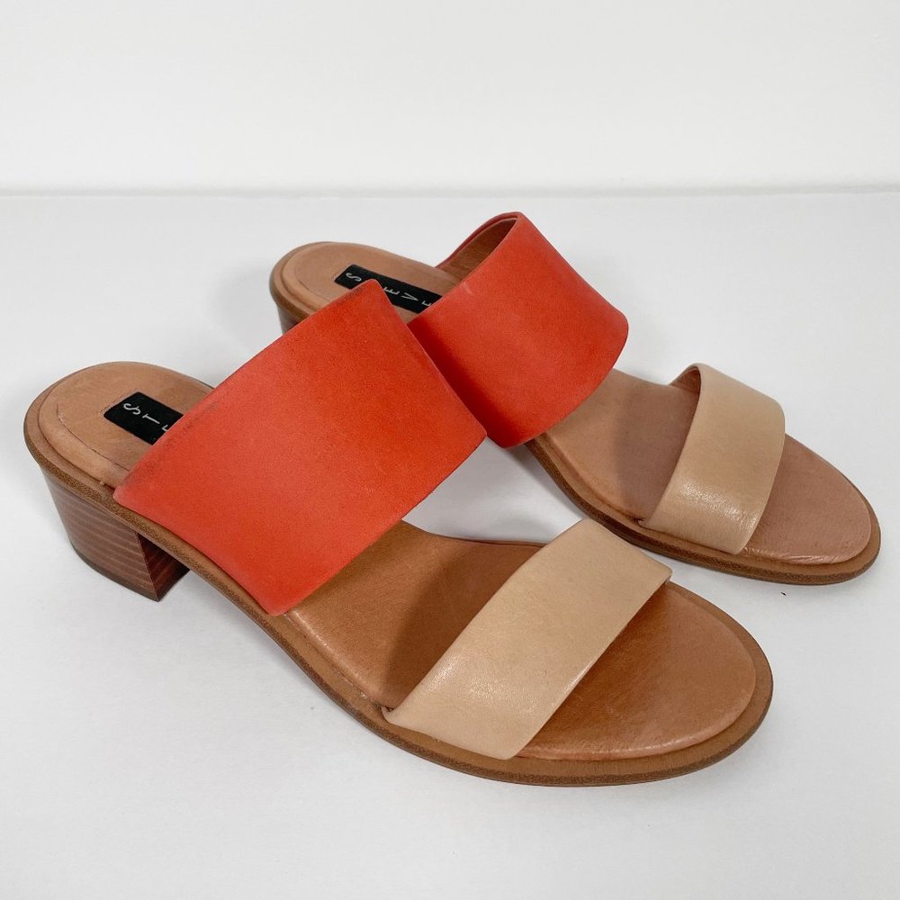Steven by Steve Madden Poke Leather Two Band Colorblock Block Heel Slide Sandals
